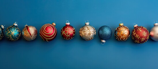 Poster - Various Christmas ornaments displayed against a blue backdrop with copy space image