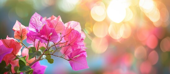Aufkleber - A vivid pink Bougainvillea flower featured in a close up nature shot set against a blurred background with ample copy space image