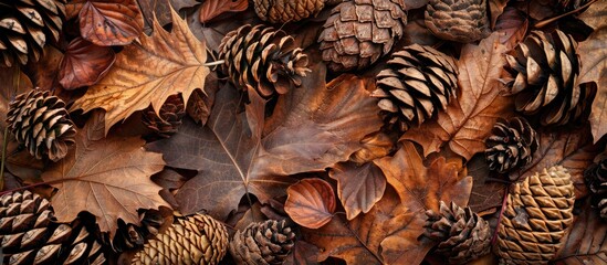 Canvas Print - Background with pine cones dead leaves and copy space image perfect for autumn and winter