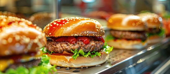Poster - Display a Turkish wet burger with sauce in a kiosk for a copy space image