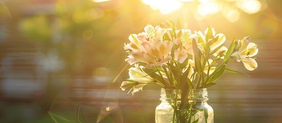 Wall Mural - Close up of a glass jar with a beautiful bouquet of white alstroemeria flowers illuminated by the sun ideal for a copy space image