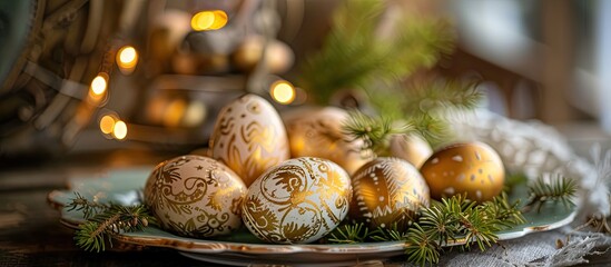 Canvas Print - An arrangement of Easter eggs adorned with gold patterns and bunny figures on a plate exuding a sense of cozy home comfort during the festive Easter season with a spacious area for additional element