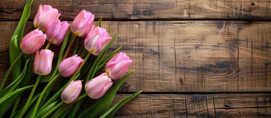 Poster - A top down view of pink tulips on rustic wooden boards with space for text a perfect copy space image