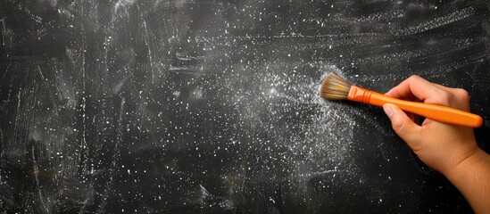 Poster - A blackboard with a brush erasing content against a black background suitable for adding text or graphics with copy space image