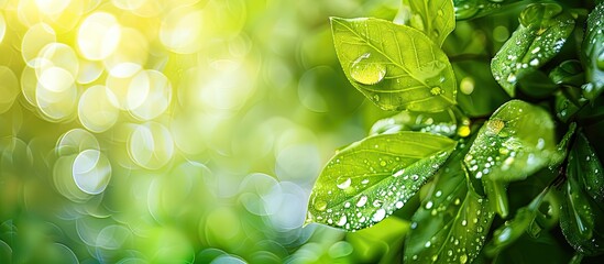 Poster - Water droplets on green leaves in a blurred bokeh background perfect for a copy space image