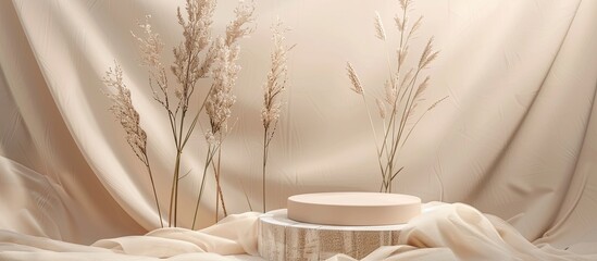 Poster - A blank podium set on beige fabric with dry grass is perfect for showcasing cosmetic perfume and product items with a copy space image