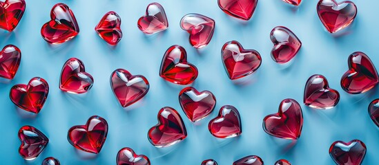 Aufkleber - Minimalistic Valentine s Day background showcasing a pattern of translucent red glass hearts over blue backdrop conveying a symbol of love with copy space image