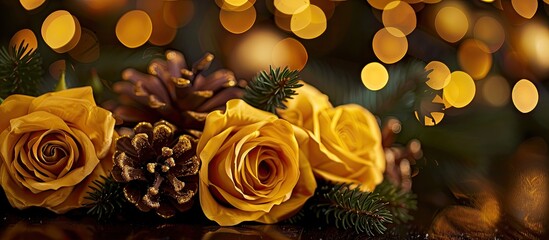 Wall Mural - A festive New Year s background showcases yellow silk roses and golden pine cones providing room for text or other elements in the copy space image