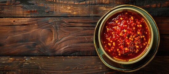 Aufkleber - A top down view of a bowl of spicy chili sauce on a wooden table with room for text alongside the image. copy space available