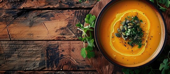 Poster - Copy space image of a top view pumpkin and carrot cream soup complemented with cilantro sauce and seeds