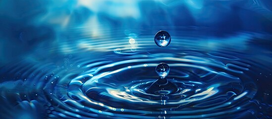 Poster - A water droplet in blue tones falls gracefully creating ripples and a circular pattern in the liquid suitable for a copy space image