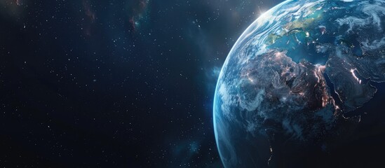 Poster - Magnificent planet Earth displaying oceans clouds and continents against a starry sky in an open space image. . image with copy space