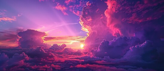 Canvas Print - Oil painting of a magical and colorful landscape at sunset with a mesmerizing purple sky and clouds perfect for use as a background or wallpaper with copy space image