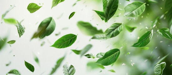 Aufkleber - The main picture features green leaves floating and dancing in the air acting as an air purifier in a simple atmosphere with copy space image