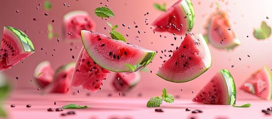 Poster - Fresh watermelon pieces with mint and seeds flying on a pink backdrop with copy space image
