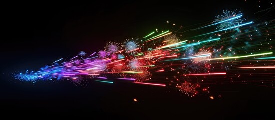Poster - Colorful firework light trails explode in a dark night sky setting with copy space image