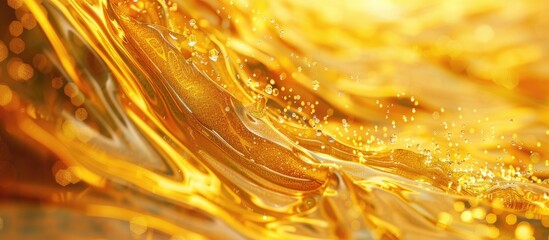 Poster - Fluid with sparkling gold particles yellow hued stains and overflows creates an abstract shimmering background in the copy space image