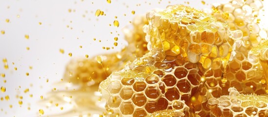 Poster - Honey filled honeycombs with pollen shown in a copy space image on a white background