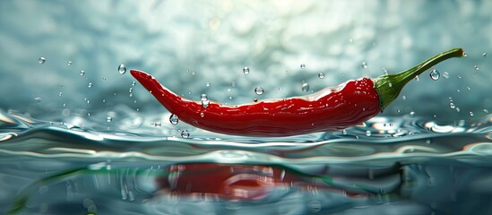 Poster - Vibrant red chili floating in crystal clear water perfect for copy space image