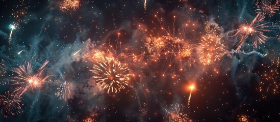 Poster - Spectacular fireworks illuminate the night sky over a dark backdrop creating a captivating scene with copy space image