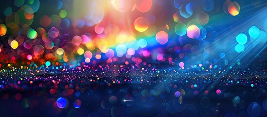 Poster - Abstract crystal flare effect creating a vibrant prism rainbow light overlay on a dark background with a holographic reflection giving a colorful glare bokeh suitable for copy space image