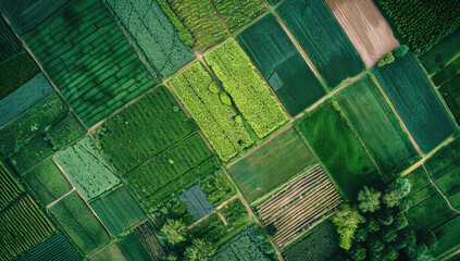 Wall Mural - An aerial view of fields in different shades of green, showcasing the contrast between vibrant and earthy greens