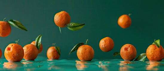 Poster - Oranges and mandarins levitating on a green backdrop with ample copy space image