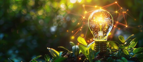 Business goals are intertwined with environmental protection symbolized by a light bulb depicting green energy in a copy space image