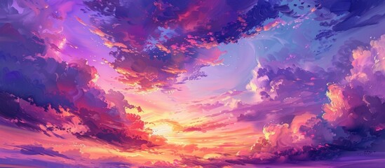 Aufkleber - Oil painting of a magical and colorful landscape at sunset with a mesmerizing purple sky and clouds perfect for use as a background or wallpaper with copy space image