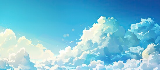 A colorful summer morning with clear blue skies and fluffy white clouds creating a picturesque scene in the copy space image