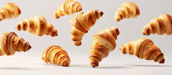 Poster - French pastry croissants floating in the air on a white background in a captivating copy space image