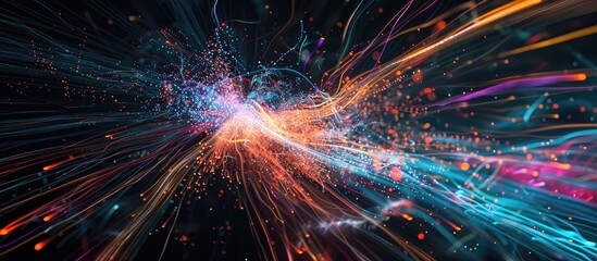 Poster - Colorful firework light trails explode in a dark night sky setting with copy space image