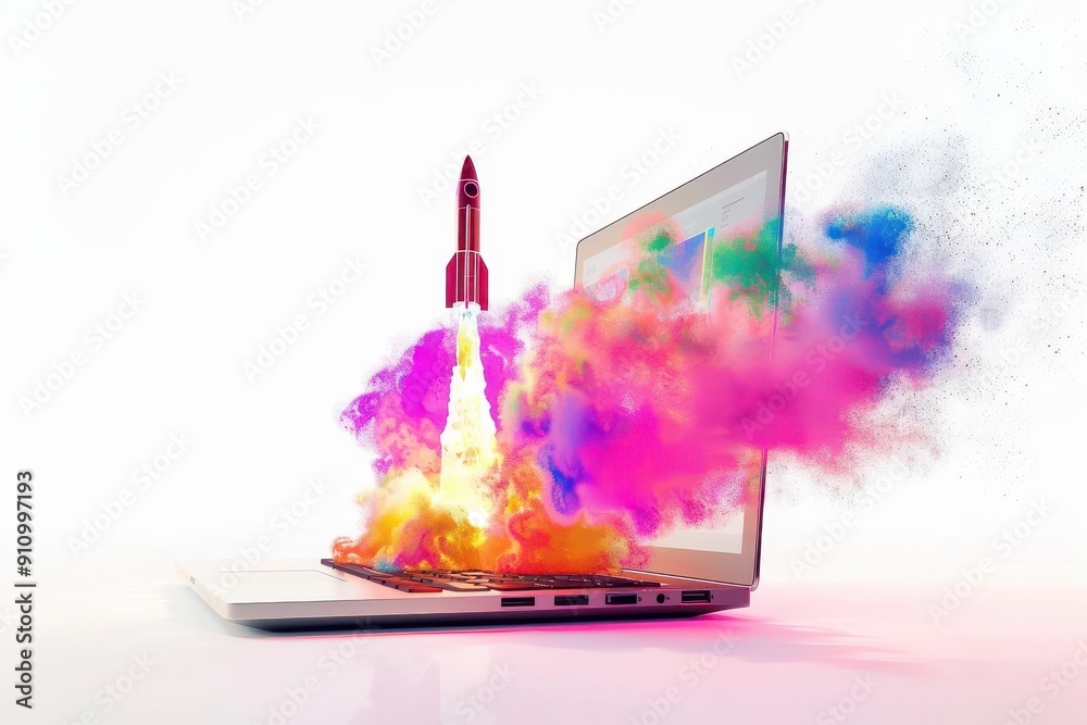 3d illustration of a sleek laptop with a rocket launching from its ...