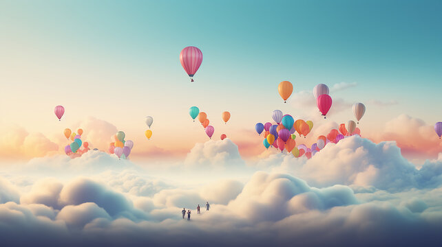 panorama of multicolored balloons in the sky above the clouds, background, space, freedom and happiness