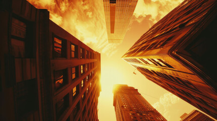 Poster - Skyscrapers bask in the golden hue of the setting sun, capturing the majesty and dynamism of city architecture from a dizzying ground-up perspective.