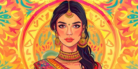 Wall Mural - A woman with long black hair and ornate jewelry.