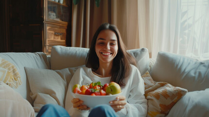 Sticker - A woman comfortably reclines on a sofa with a bright smile, holding a bowl of fresh fruits, exuding warmth and contentment.