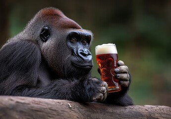 A gorilla holding a dark beer glass against a natural background, creating a striking contrast between the wild animal and a human recreational activity.