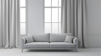 Wall Mural - 3D rendering of a grey sofa with pillows against a window with curtains in a modern living room interior design