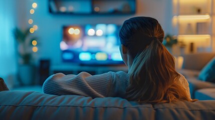 Rearview of adult young woman sitting on couch, relaxing, enjoying in living room and watching television, movie or film, TV series or broadcast of news or sport match, entertainment and leisure