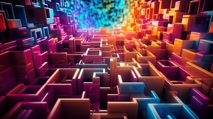 Wall Mural - a vibrant abstract maze of colorful geometric shapes, creating a digital landscape full of depth and