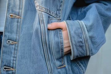 Wall Mural - Person is holding hand in denim jacket's pocket Person is holding hand in denim jacket's pocket