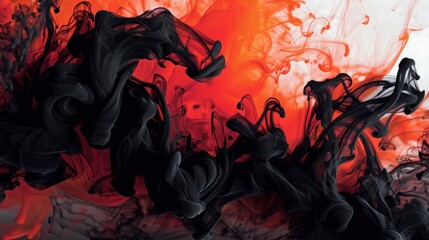 Poster - Artistic image of flowing black and red ink blending smoothly in liquid, creating captivating visuals with intricate patterns and gradients against a white canvas-like background.