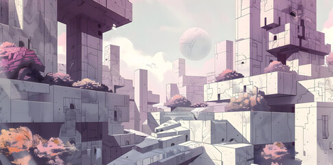 Sticker - Futuristic Cityscape Illustration with Floating Buildings and Pink Trees