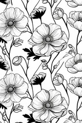 Poster - This black and white illustration features a detailed pattern of flowers, showcasing beautiful blooms and buds with intricate lines and shading, creating a classic aesthetic.