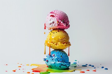 A tempting stack of three rainbow-colored ice cream scoops - pink, yellow, and blue - is melting onto the white surface with vivid drips creating a fun visual splatter.