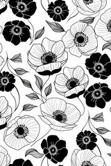 Poster - A black and white floral pattern displaying various detailed flowers and leaves, crafted with intricate line work and shading, perfect for adding classic elegance to any setting.