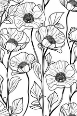 Poster - This artwork portrays a detailed black-and-white pattern featuring flowers with stems, showcasing intricate design and refined elegance, perfect for classical and modern decor.