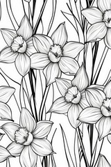 Poster - Beautiful seamless pattern featuring hand-drawn daffodils with detailed petals, showcasing the elegance and intricacy of these flowers, perfect for artistic prints and decor.