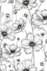 Poster - Intricate black and white illustration featuring detailed poppy flowers with delicate petals and stems, presented in a seamless pattern that highlights beauty and elegance.